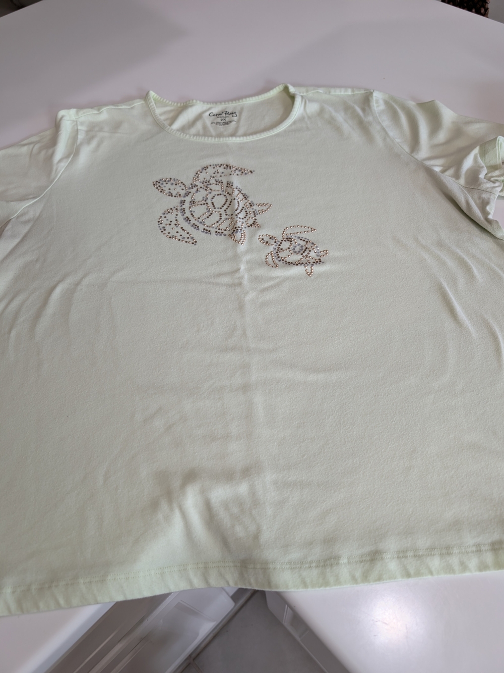 Coral Bay Light Green Women Tee Shirt With Gold Turtle Designs.